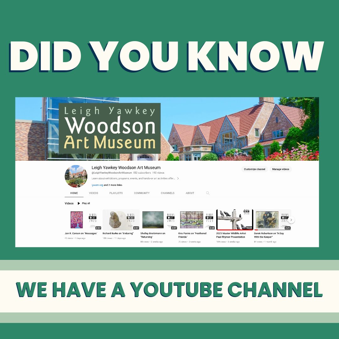 Did you know that the Leigh Yawkey Woodson Art Museum is on Youtube?
Watch and listen to artists discuss their processes and inspirations, guest artist talks, master artist presentations, and more!
Subscribe to stay connected to the Museum!
youtube.com/@LeighYawkeyWo…