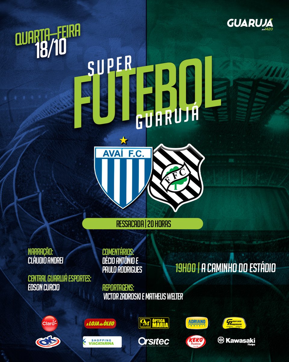 Contagem regressiva para o clássico!! 🔥 Avaí x Figueirense, às 20:00 com narração de Cláudio Andrei e comentários de Décio Antônio e Paulo Rodrigues. Reportagens de Victor Zadroski e Matheus Welter! Fique ligado na Central Guarujá Esportes, com Edson Curcio.