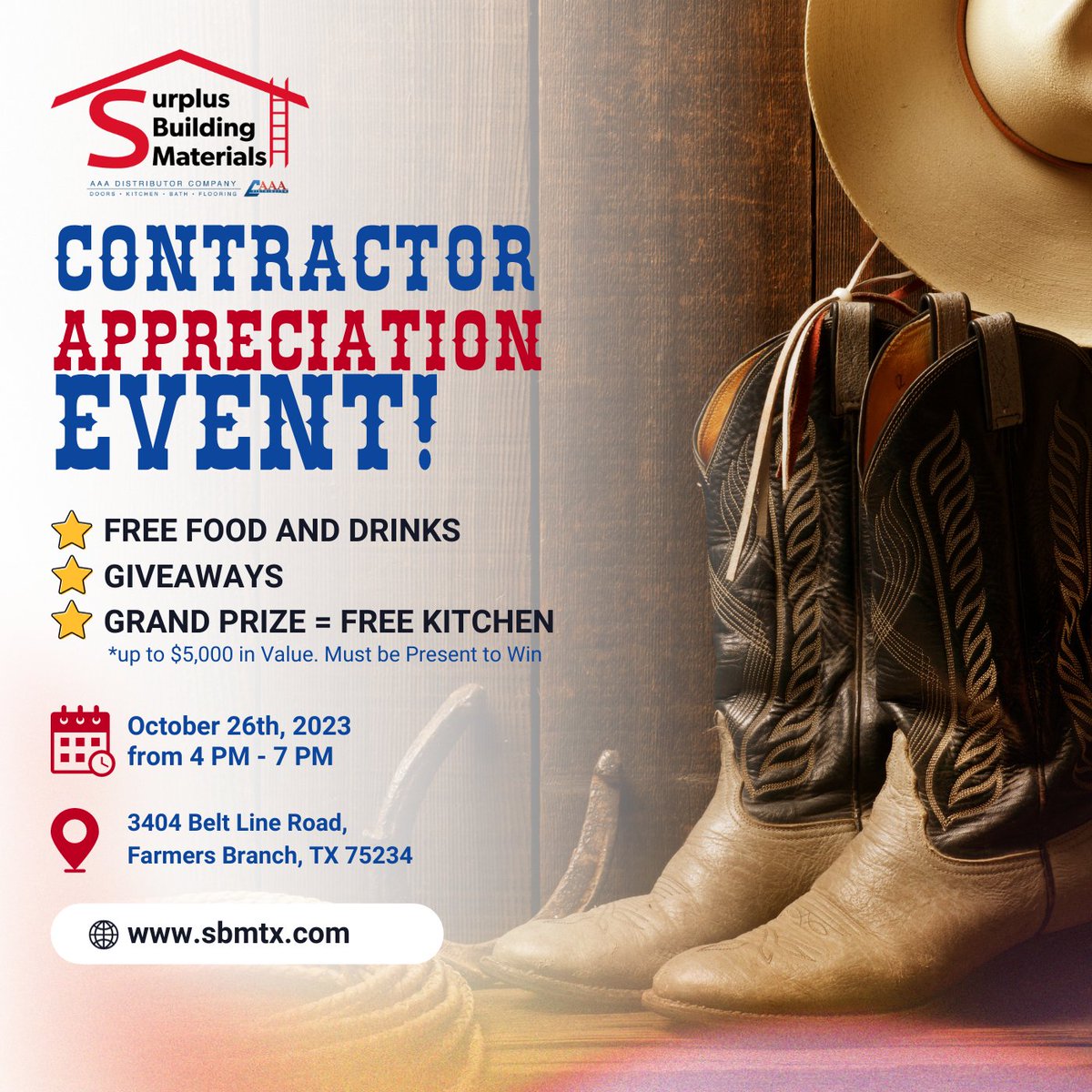 SurplusTx's tweet image. Join us on October 26th at 📍3404 Belt Line Road, Farmers Branch, TX 75234 from 🕔 4 PM - 7 PM for our Contractor Appreciation Event – an evening dedicated to YOU! During this event, we’re giving out 💰 exclusive 2% cash back rebate checks. Come get yours on 10/26!