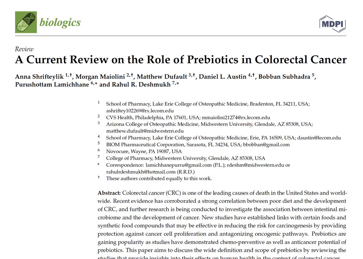 Congrats! to our own Dr. Rahul Deshmukh for his review article published in Biologics titled 'A Current Review on the Role of Prebiotics in Colorectal Cancer.' Nice job, Dr. Deshmukh! mdpi.com/2673-8449/3/3/… #MWUproud