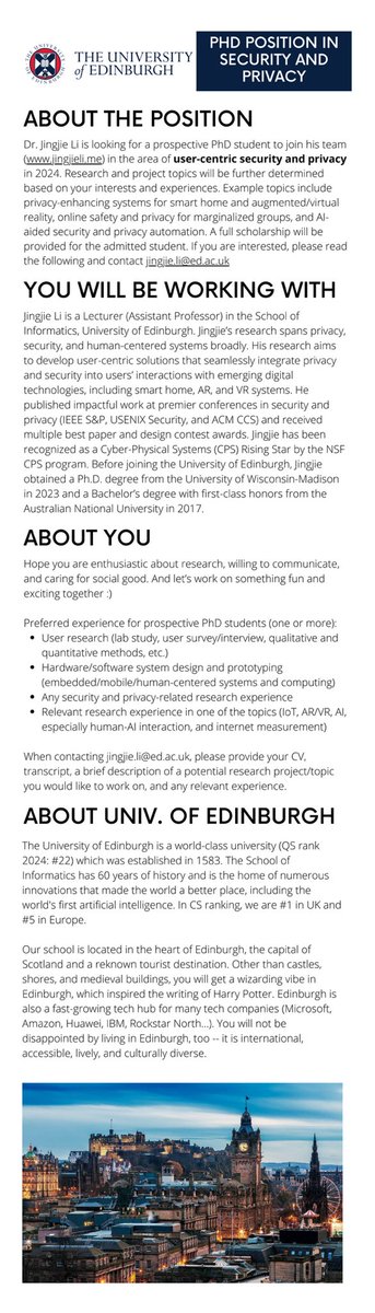 Join my team at the University of Edinburgh! We are looking for PhD students to work on user-centric security and privacy. Feel free to check out the details in the post image and contact me :) #PhDposition #privacy #security