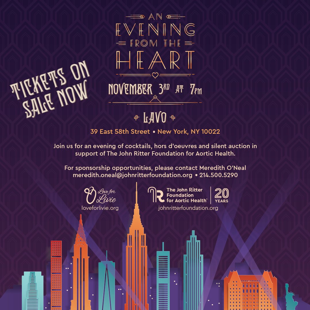 Don't forget to get your tickets or become a sponsor for An Evening From The Heart - NYC on November 3rd. You won’t want to miss it! my.onecause.com/event/organiza… #LoveForLivie #PartyWithAPurpose #AortaSupporta