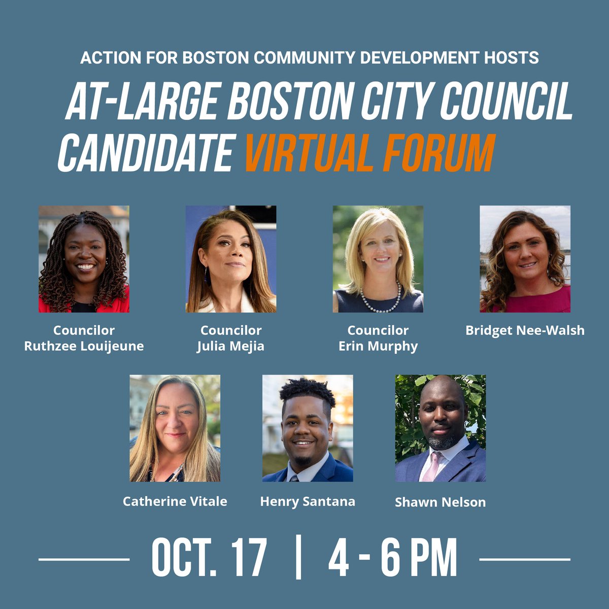 BostonABCD's tweet photo. Our At-Large Boston City Council Candidate Forum is starting soon! Know where the candidates stand before you vote this November 7, 2023. Join us on Zoom from 4-6 PM. https://t.co/yichN1pxD0 #mapoli #bospoli https://t.co/u1vyd1zxWV