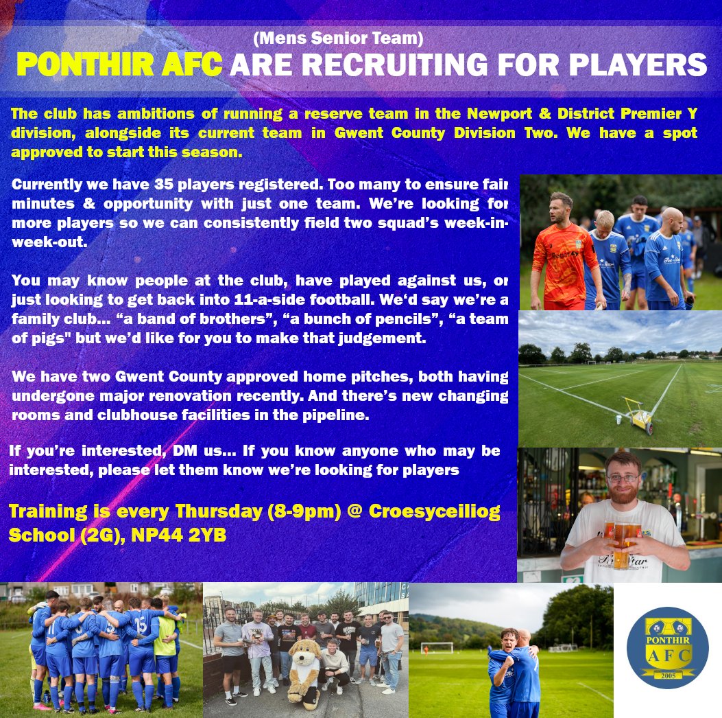 🚨TRAINING UPDATE🚨
Training is now THURSDAY 8-9pm at Croesyceiliog School (2G), NP44 2YB

🚨RESERVES TEAM UPDATE🚨
Great to see new faces at training &amp; already signed on. We're still open for more recruits. Training times above or drop us a message.

Announcement coming soon...