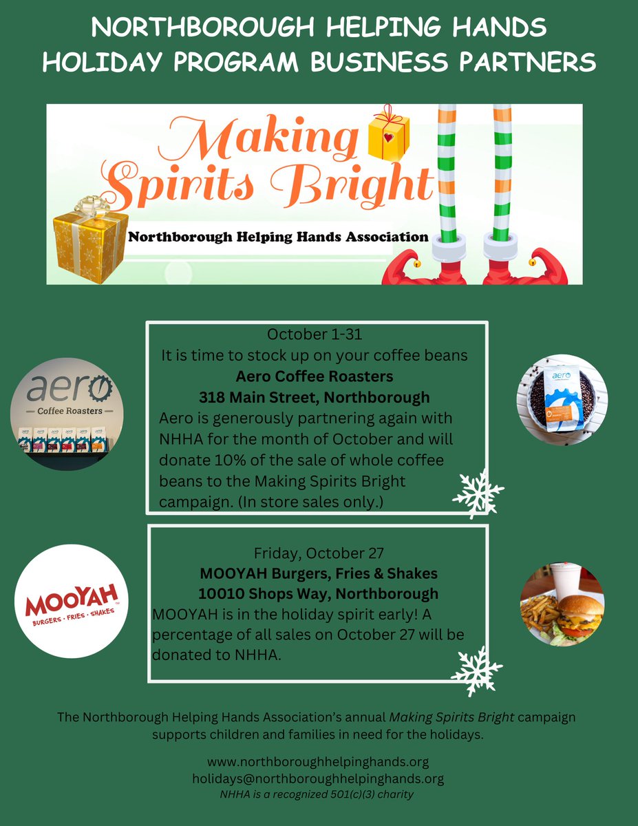Thank you to Northborough Helping Hands business partners <a href="/AeroCoffeeroast/">Aero Coffee Roasters</a> and <a href="/MOOYAHBurgers/">MOOYAH Burgers, Fries & Shakes</a> Northborough! More info on NHHA holiday program at northboroughhelpinghands.org!  <a href="/NorthboroPatch/">Northborough Patch</a> <a href="/NSBOROSchools/">NSBORO Public Schools</a> <a href="/NorthboroTown/">Northborough Tweets</a> #makingspiritsbright #bringingholidaysmiles #lendingahand