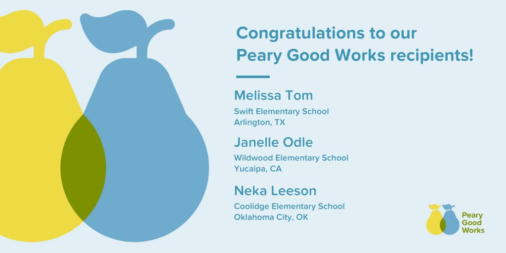 Hooray! ✨ Congratulations to our September Peary Good Works recipients. We can't wait to see your projects come to life! 💚 Do you have a @DonorsChoose project that needs funding? Learn more & submit yours today! ➡️ bit.ly/3bntnrv