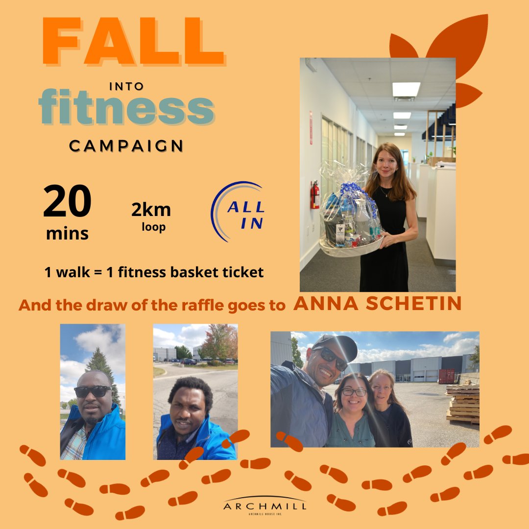 With summer drawing to a close, Archmill staff had themselves 'Fall into Fitness' by walking  for 20mins. One walk submitted a ticket towards the fitness themed gift basket. 🎫
Congratulations to Anna Schetin! 🙌
Thank you to our participants.
#corporatefitness #AllIn