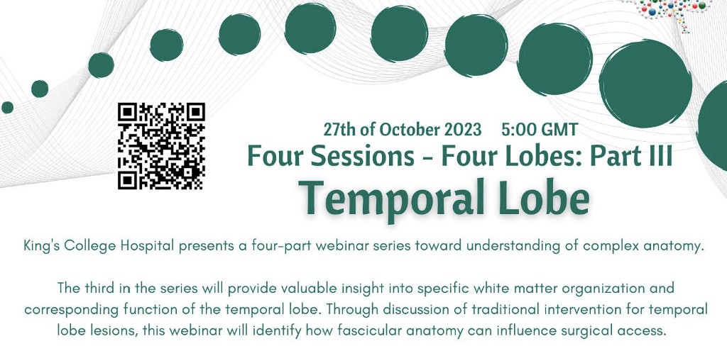 Don't forget! Friday, 10/27 at 5pm GMT, King’s College will host the third webinar of the “Four Sessions – Four Lobes” series. It will focus on fascicular anatomy of the temporal lobe &amp; parafascicular access to common subcortical lesions w/ MIPS. Sign up > ow.ly/W04y50PXSwz