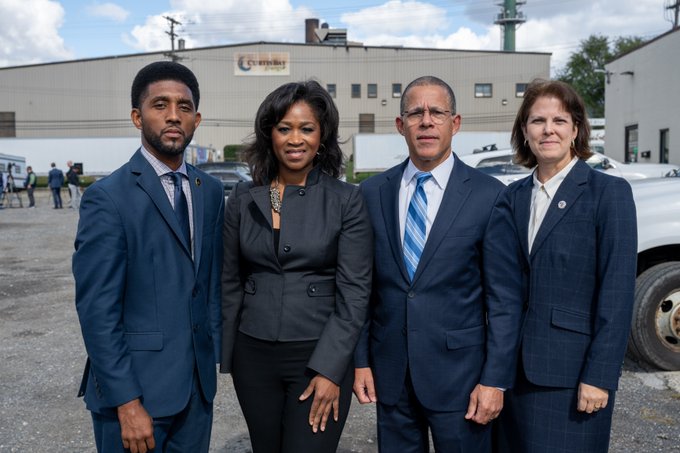 Image of Baltimore City Mayor Brandon Scott, Maryland Department of the Environment Secretary Serena McIlwain, Maryland Attorney General Anthony Brown, and Principal Assistant Inspector General for Investigation, US Department of Transportation, Elise Chawaga. 
