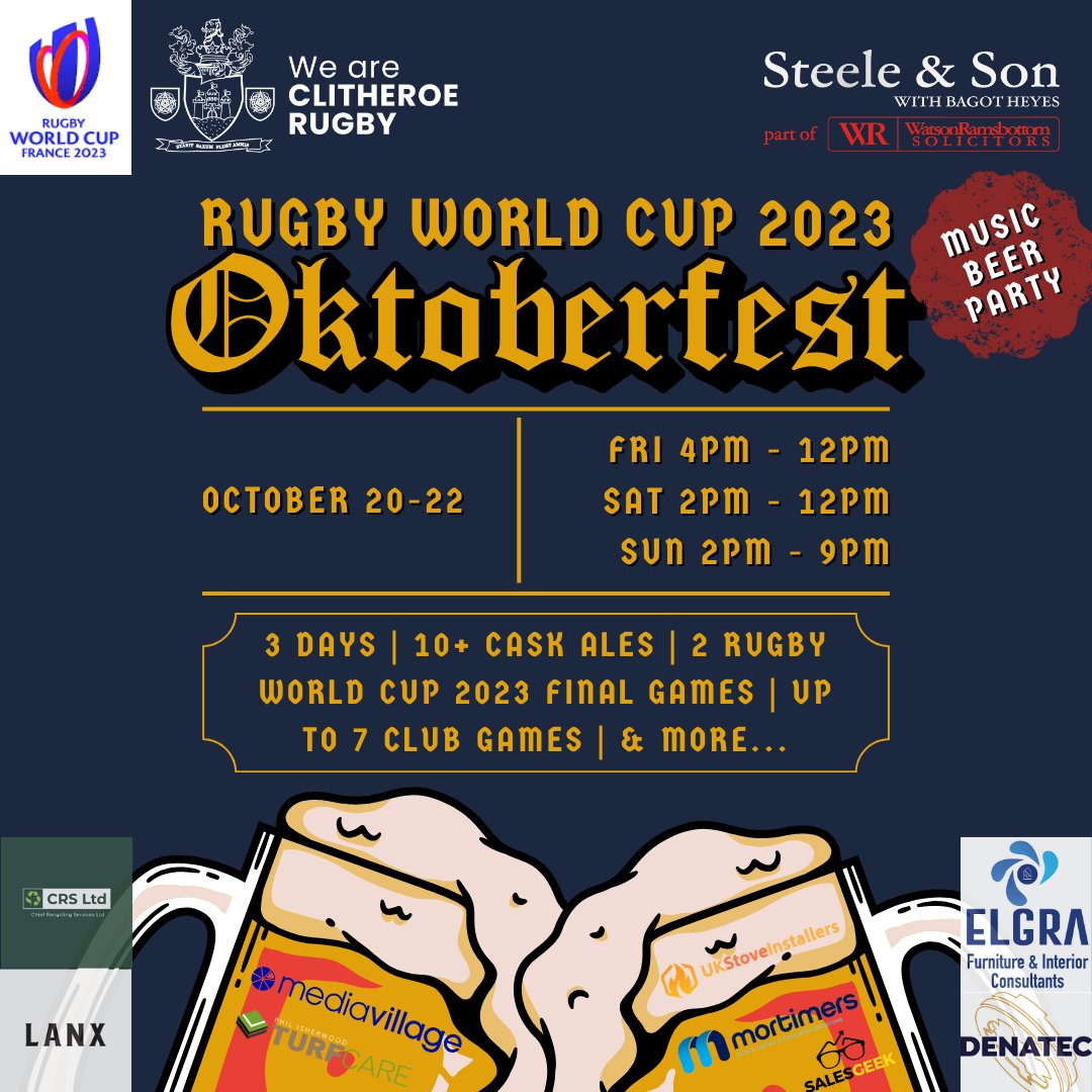 Clitheroe Rugby Club (@clitheroerugby) on Twitter photo We're celebrating the <a href="/RugbyWorldCup/">Rugby World Cup</a> Semi Finals with Oktoberfest!
Fri 20th β Sun 22nd Oct, we have the addition of 10+ cask ales, 2 Senior Men's home games and 2 RWC Semi Finals to enjoy down at Clitheroe Rugby Club. Everyone welcome, we look forward to seeing you there! We're celebrating the <a href="/RugbyWorldCup/">Rugby World Cup</a> Semi Finals with Oktoberfest!
Fri 20th β Sun 22nd Oct, we have the addition of 10+ cask ales, 2 Senior Men's home games and 2 RWC Semi Finals to enjoy down at Clitheroe Rugby Club. Everyone welcome, we look forward to seeing you there!