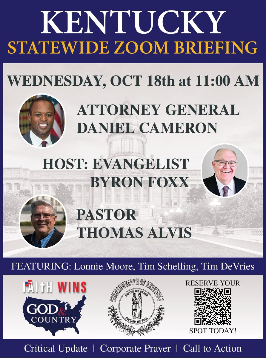 Kentucky Pastors, please join us for this important meeting with ⁦<a href="/EvangelistFoxx/">ByronFoxx</a>⁩ and ⁦@DanielCameronAG⁩ .