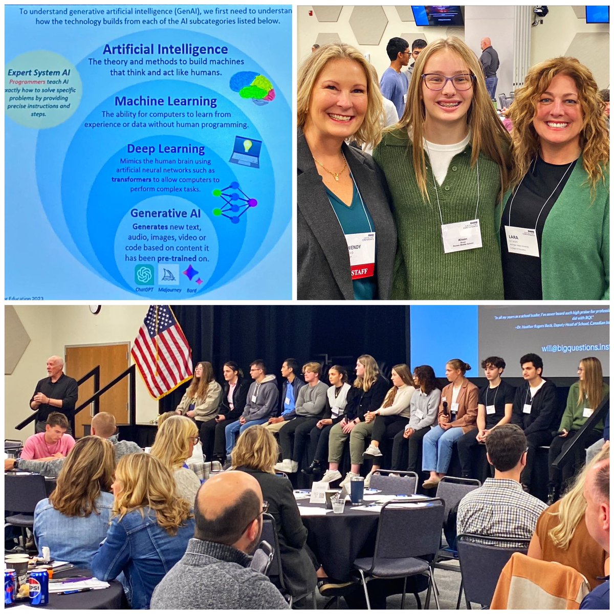 😃 2 share /w @MSUCollegeofEd @michiganstateu faculty & students 2day’s GenerativeAI learning @massp #Catalyst23 💚🤍 Incredible day /w educators & leaders across MI & the nation @WillRich @aiinedu @wendyzdeb #FutureForward & 🥰 that Ali was on the student panel #StudentAgency