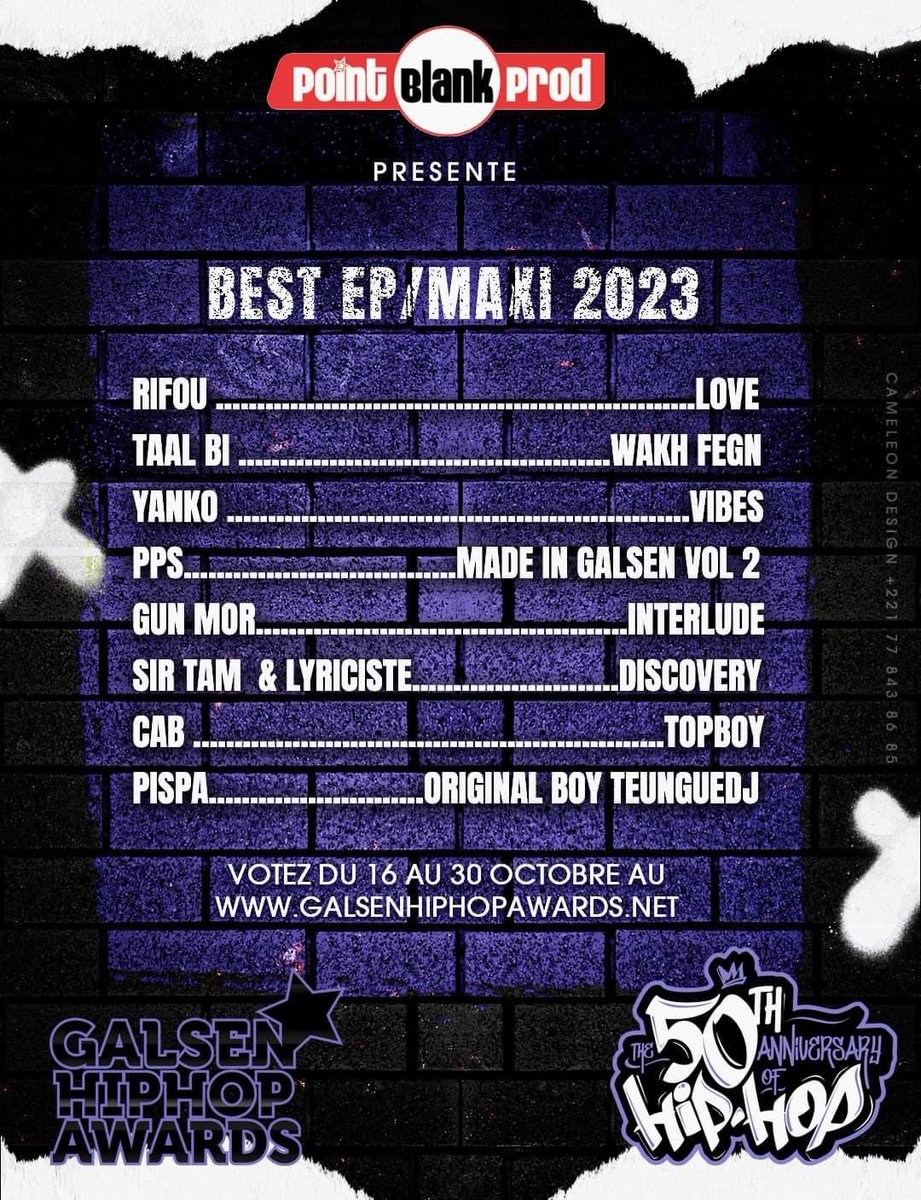 Mon dernier projet “Original boy teunguedj” est nominé au GHHA 2023 dans la catégorie meilleur EP/Maxi.
Les votes se passent sur galsenhiphopawards.net