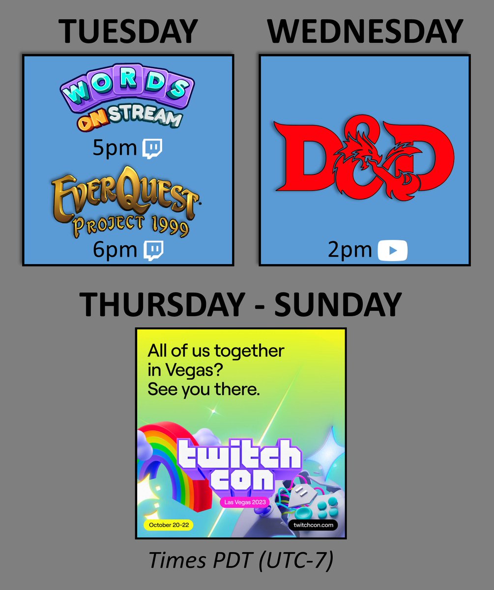 HTBM_tv's tweet photo. Stream Schedule 10/16 - 10/22
#Twitch #Streamer #TwitchStreamer #YouTube #YouTubeStreamer #EverQuest #Project1999 #WordsOnStream #TwitchCon #TwitchConVegas #TwitchConLasVegas https://t.co/cWH0MQhK8h