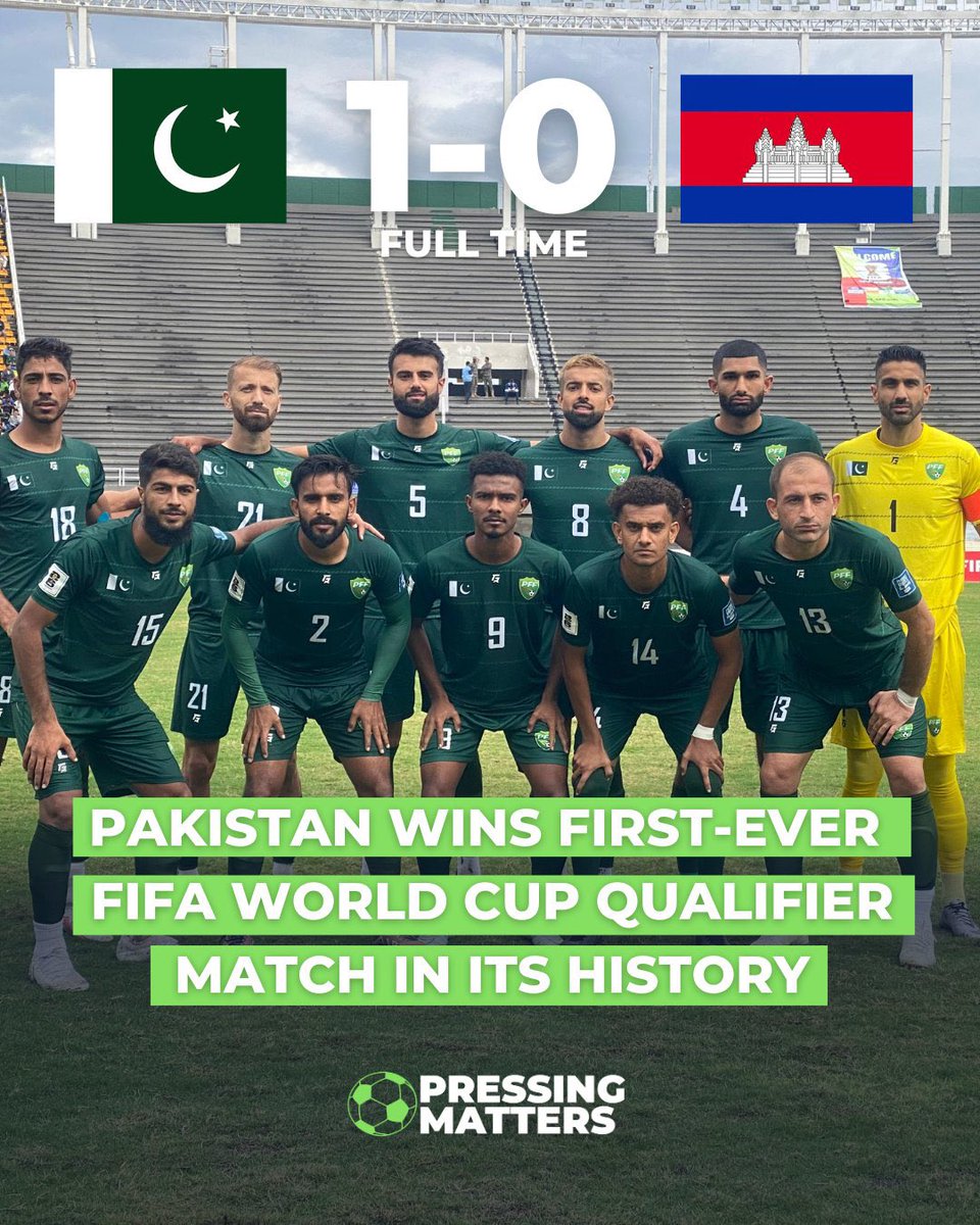 Pakistan's footballers made us proud by winning 1-0 against Cambodia in the FIFA WC Asian Qualifier⚽️

Source: Pressing Matters

#PAKvsCAM #UnitedForPakistan #UnitedWeWin #PakvsSl #WorldCup2023 #Brussel #SAvsNED #Bitcoin    #غزة_الآن #COVID19 
 #PakistanFootball