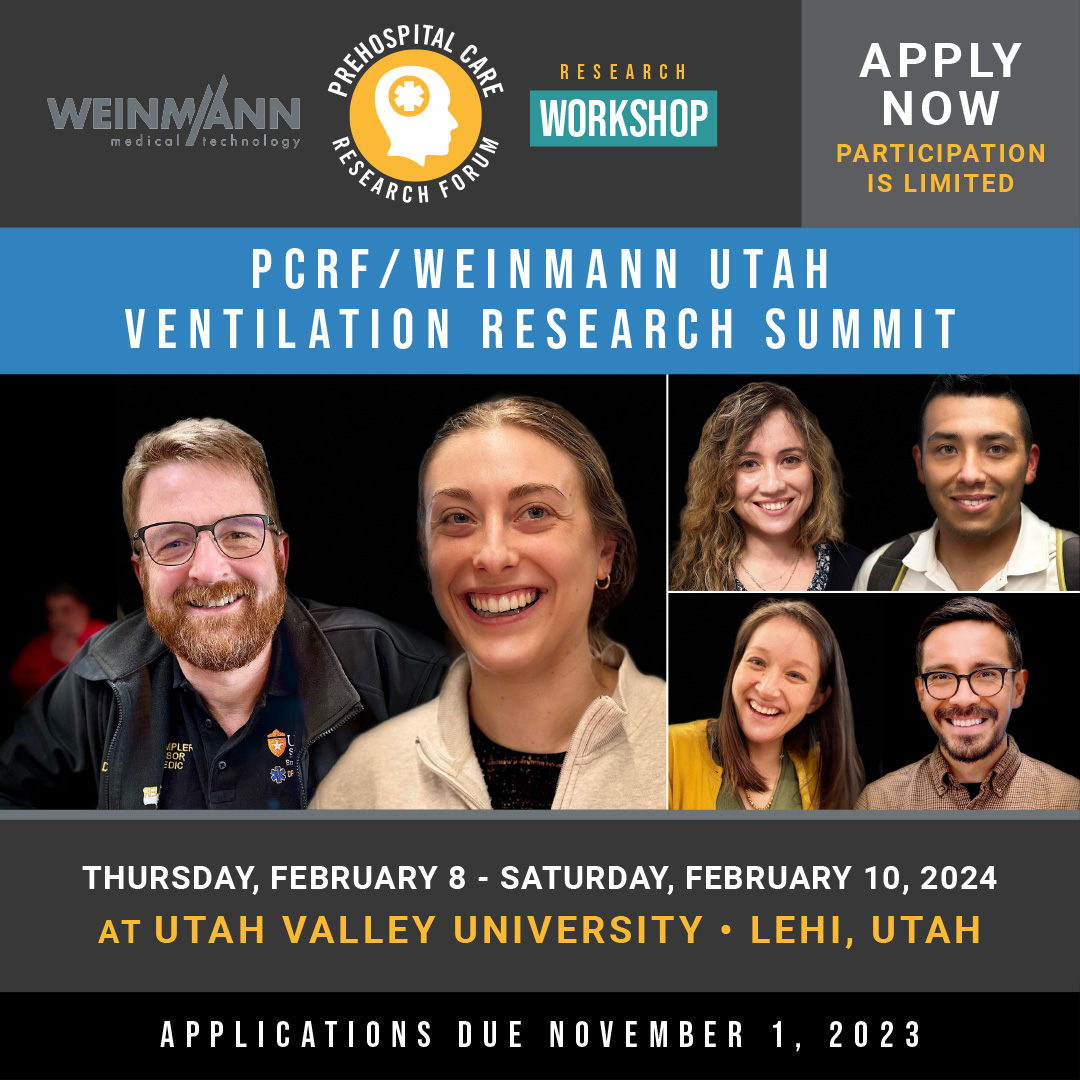 Join the PCRF/WEINMANN Emergency Utah Research Summit, Feb. 8-10! Perfect for clinicians and clinical leaders eager to dive into EMS research: Get matched with mentors, methodologists, statisticians, and more. No cost to attend; book your own travel. Applications due Nov. 1.