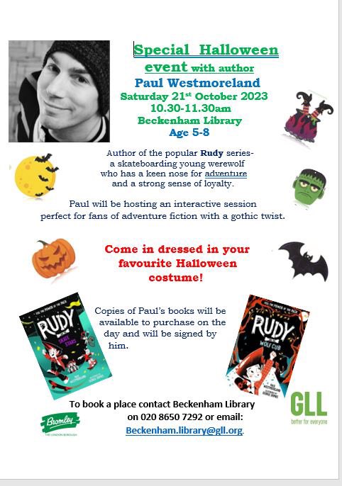 BromLibraries's tweet photo. Don’t forget to book onto this fabulous Halloween author event with @AuthorPaul101 at #BeckenhamLibrary this Sat 21/10/23 10.30-11.30am for ages 5-8. To book ring Beckenham Library on 020 8650 7292 or email: beckenham.library@gll.org @LBofBromley @Better_UK @Beckenham https://t.co/uR5TMzgpUJ
