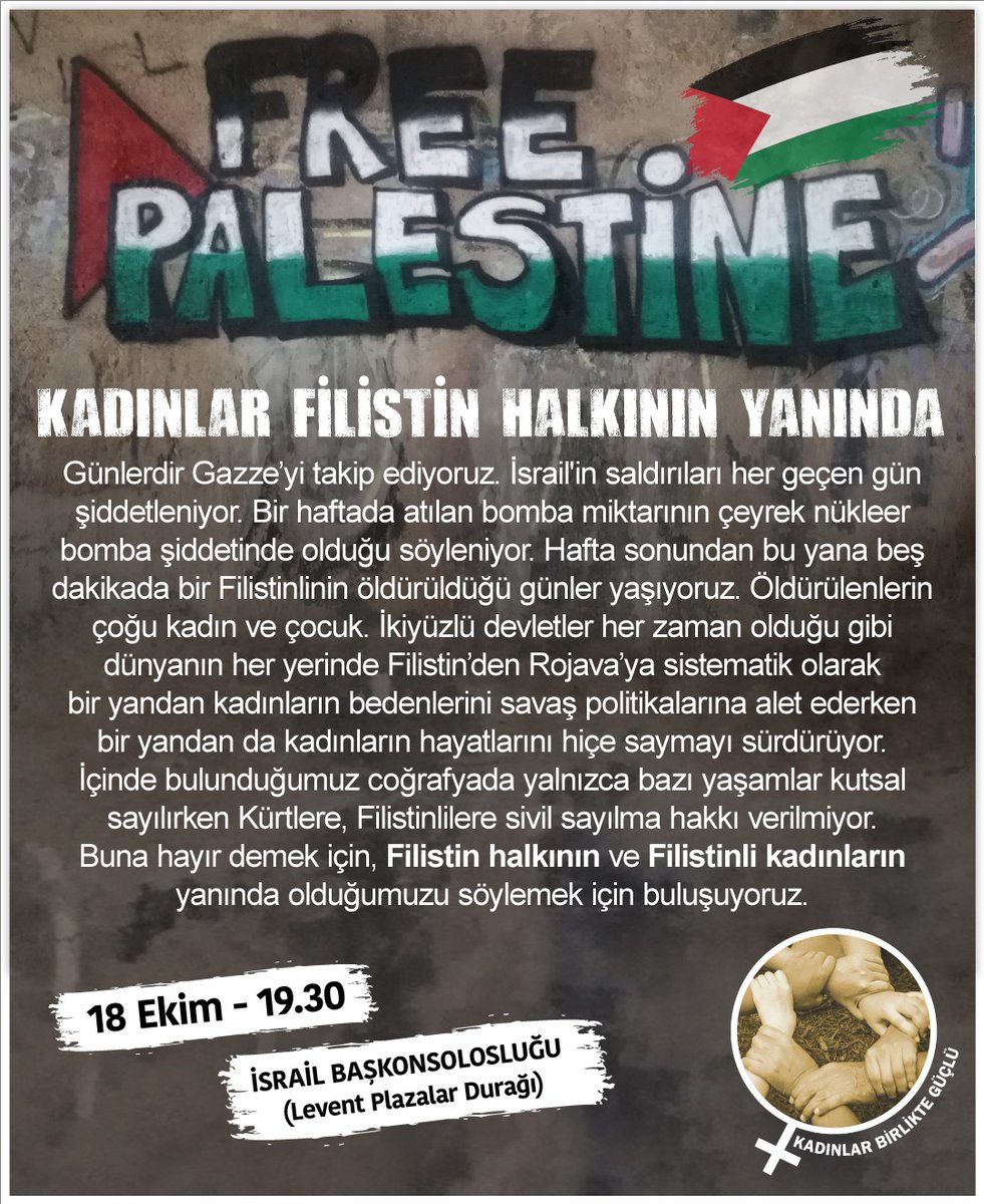 İsrail Gazze’de hastane bombaladı!
Yüzlerce insanı katletti. 

Filistin halkının ve Filistinli kadınların yanındayız ⤵️

🗓️ YARIN - 18 Ekim Çarşamba
⏰ 19.30
📍 İsrail Başkonsolosluğu