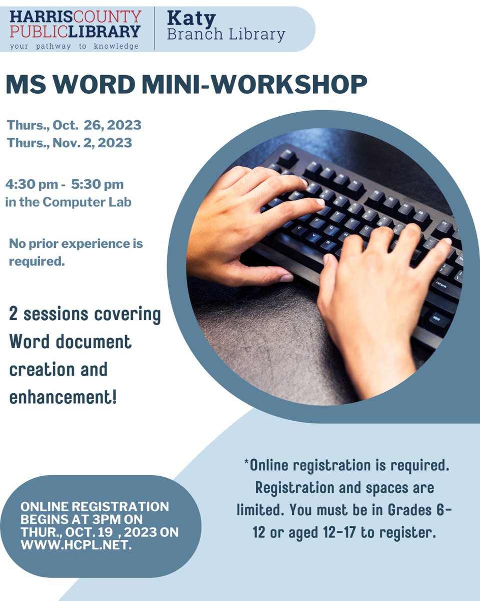 KatyLibrary's tweet image. #katybranchlibrary #katyteens #microsoftword #typing #hcpl #hcplteens