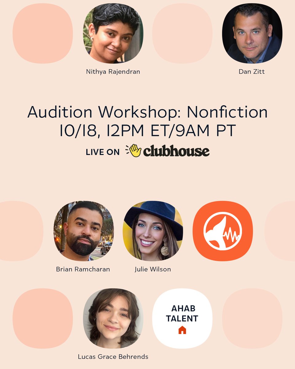HAPPENING TOMORROW🚨

Read for Ahab co-creators <a href="/JuliannaNWilson/">Julie Wilson | NYC</a> &amp; <a href="/RealDanZitt/">Dan Zitt</a> with <a href="/PRHAudio/">Penguin Random House Audio 🎧 📚</a> producers Brian Ramcharan, Nithya Rajendran &amp; Lucas Grace Behrends to help you with your NONFICTION audition.