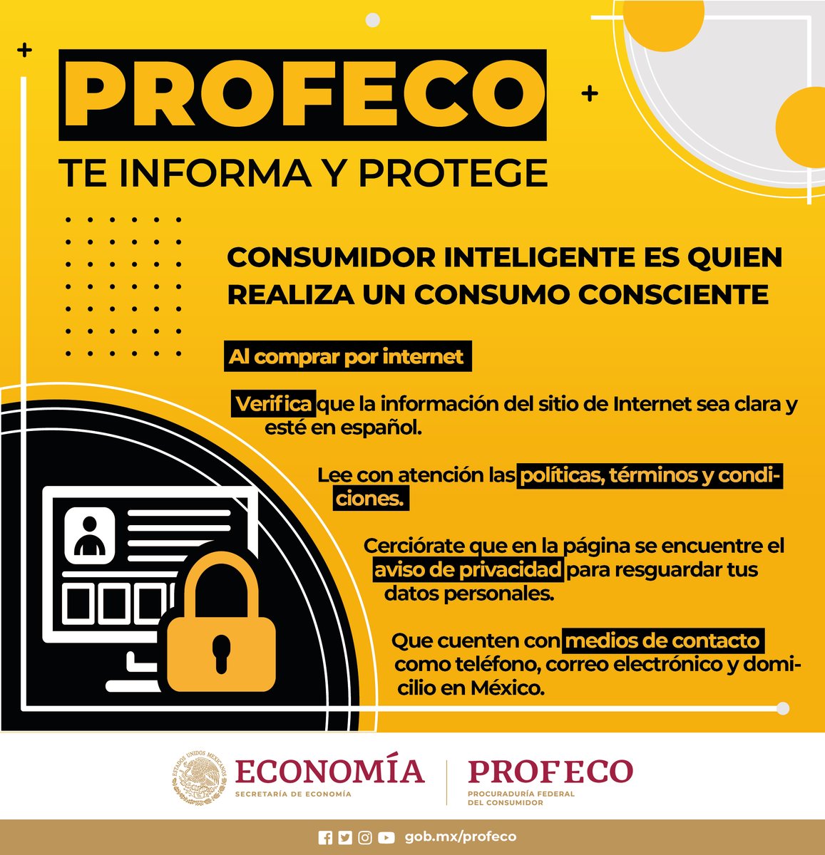 Profeco's tweet photo. 🟠#TipsProfeco | 🤩💻Si eres fanático por las compras en internet, hazlo, pero de manera informada.
🔎Conoce tus derechos y sigue nuestras recomendaciones para que al adquirir algún producto o contratar un servicio sea seguro.🔒
👀¡Échale un ojo a la siguiente información! https://t.co/L0wJRDkXQX