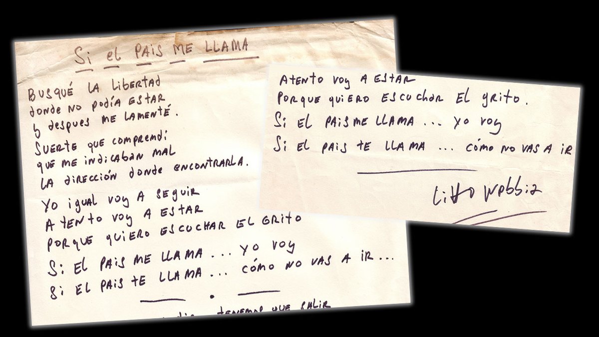 Mañana voy a publicar, en cba24n, una nota con la letra manuscrita de una canción un tanto oculta de Litto Nebbia que podría haber sido escrita hoy: "Si el país me llama".

Es en tono de homenaje.

Me la dio hace mil años. Yo la guardé, claro.

<a href="/Cba24Ncomar/">cba24n Oficial</a>
