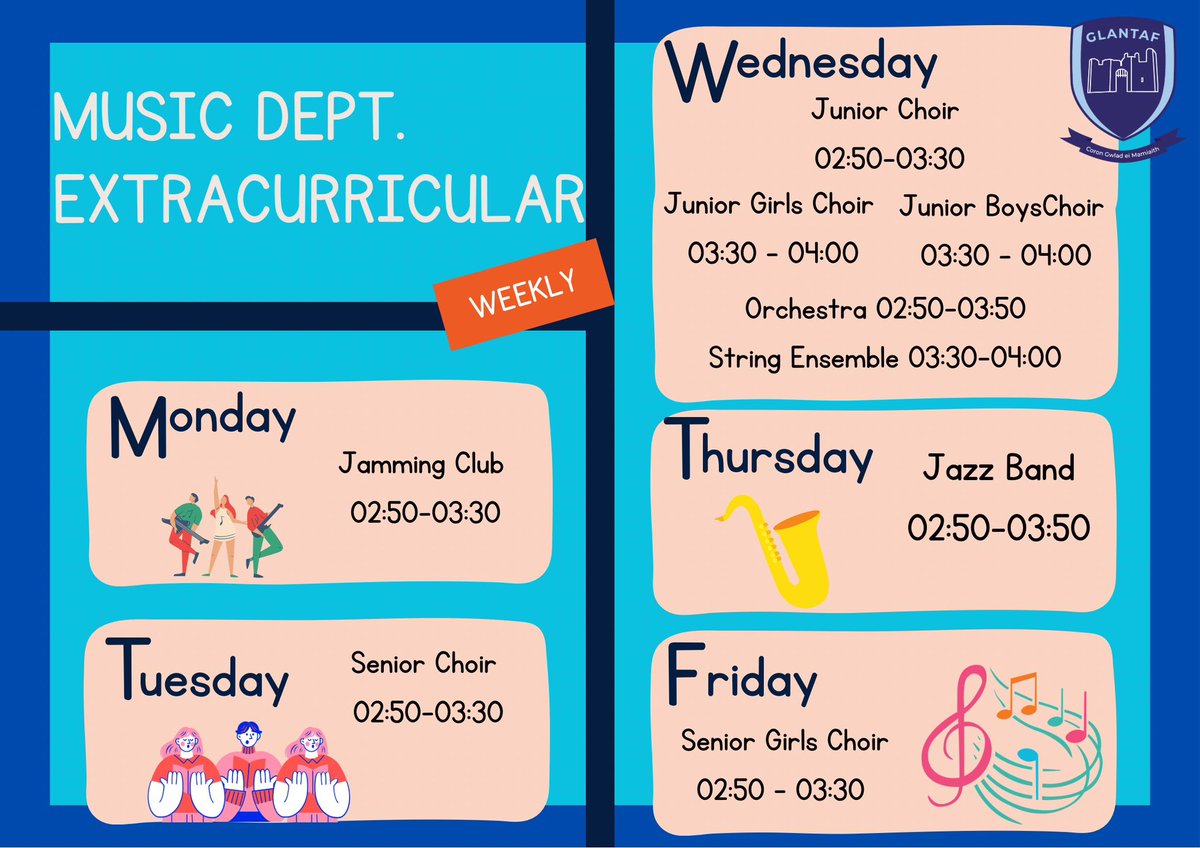 Cofiwch am clybiau allgyrsiol y adran gerdd! Nifer o bethau ar yfori! 

Remember our extracurricular activities from the music department! Lots on tomorrow!