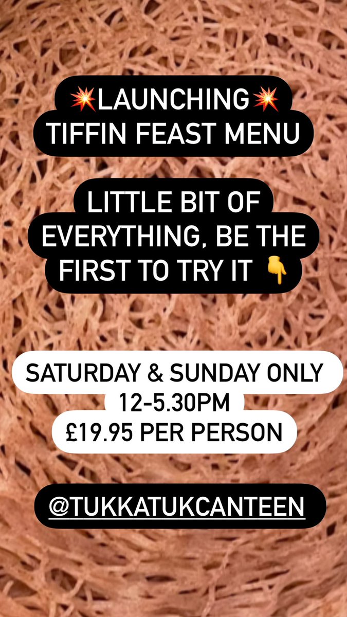 Anand George's Indian Kitchen (@tukkatuksf) on Twitter photo Well, we told you earlier this week we'd have some news for you. <a href="/tukkatukcanteen/">@tukkatukcanteen</a> the launch of our £19.95 Tiffin Feast Menu!
Starting this weekend, and served 12-5.30 Saturday & Sunday. Book here tukkatukcanteen.com Link in Bio 👆 follow us here to know more about the menu. Well, we told you earlier this week we'd have some news for you. <a href="/tukkatukcanteen/">@tukkatukcanteen</a> the launch of our £19.95 Tiffin Feast Menu!
Starting this weekend, and served 12-5.30 Saturday & Sunday. Book here tukkatukcanteen.com Link in Bio 👆 follow us here to know more about the menu.