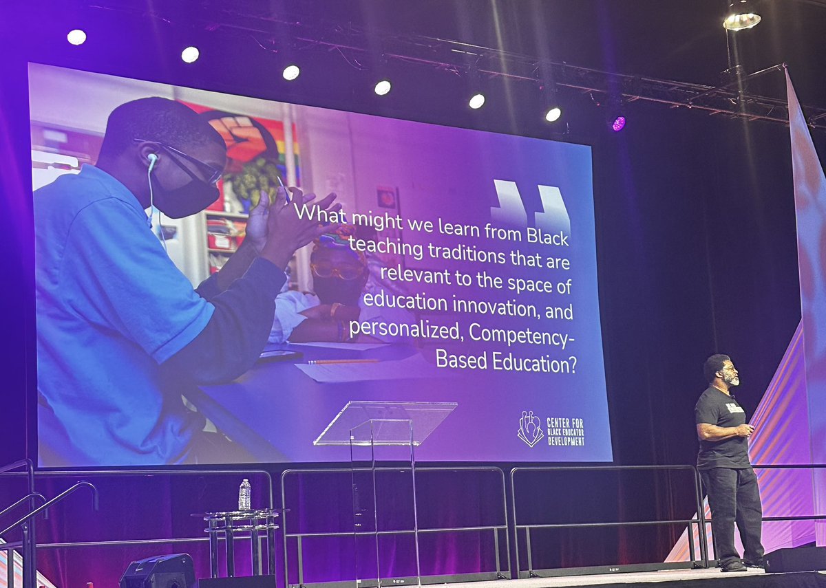 Aurora_Inst's tweet photo. A critical question posed by @selmekki: 

“What might we learn from Black teaching traditions that are relevant to the space of education innovation, and personalized, competency-based education?” #Aurora23 @CenterBlackEd https://t.co/GUDYnZRTWR