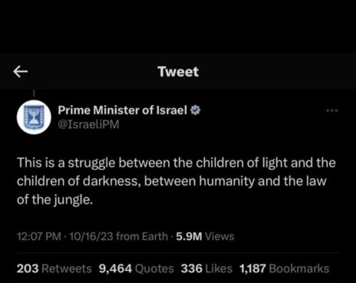 rulajebreal's tweet image. l portavoce digitale di Netanyahu, ha pubblicato, e poi cancellato, un tweet in cui ammetteva che 🇮🇱 ha bombardato l'ospedale di Gaza. l’IDF ha colpito una «base terroristica»
Netanyahu pubblica e cancella un tweet sulla lotta tra “i figli della luce e i figli delle tenebre.”