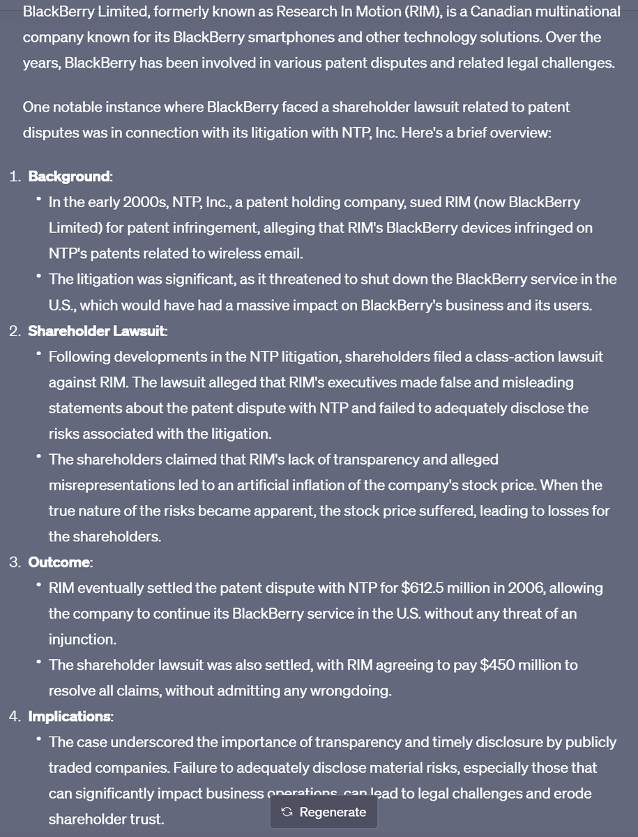 I asked #ChatGPT about failure to disclose patent infringement risks. It illustrated @coinbase '566 patent exposure & Blackberry paying ~$1B 2006 dollars! @Veritaseuminc counsel who brought '566 infringement suit, said he also brought Blackberry suit. See chat.openai.com/share/a66bea19…