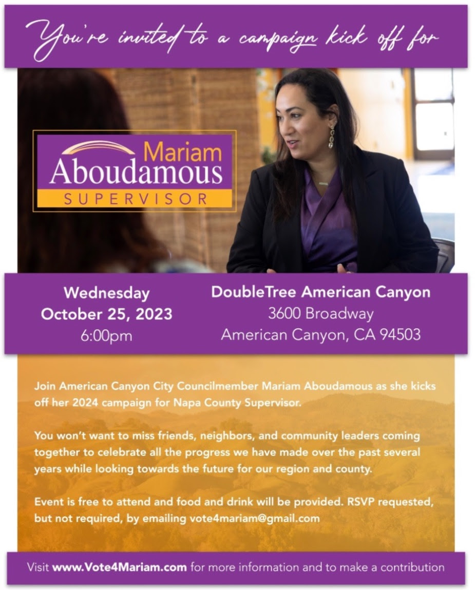 You're invited! The Farm Bureau encourages its members to support Councilmember Mariam Aboudamous, Farm Bureau's endorsed candidate for County Supervisor in District 5, by joining her campaign kick-off party on October 25. Visit her website at vote4mariam.com