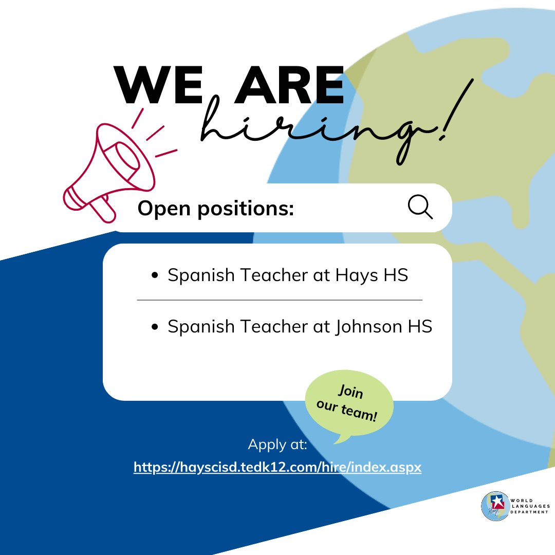 haysworldlang's tweet photo. 🌟 Exciting Opportunities for Spanish Teachers!🌟

We have not one, but TWO incredible openings for Spanish teachers at Hays High School and Johnson High School. We want YOU to join our team! 📚🎓

To apply, please visit our website: https://t.co/8pJNu1zMLl https://t.co/34RGDR04H5