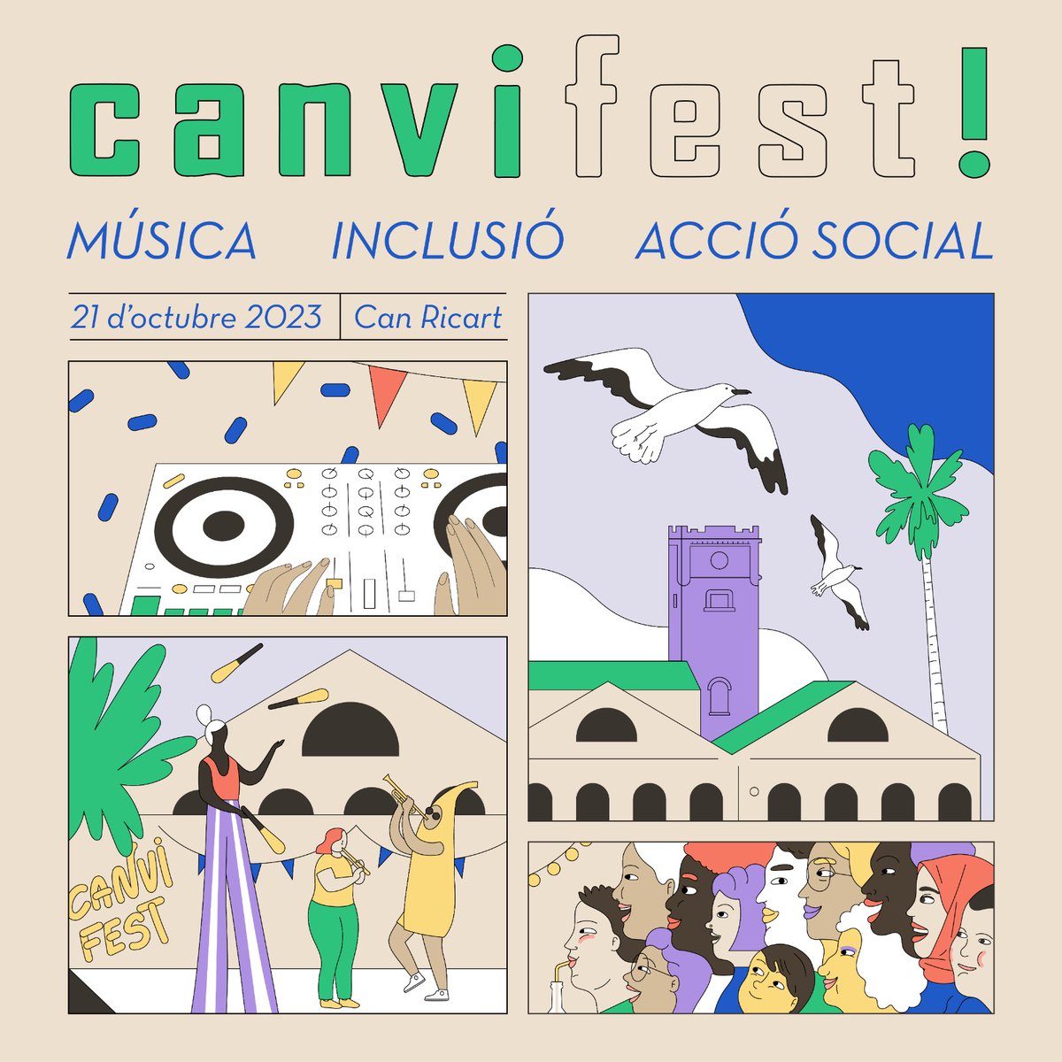 CANVIFEST 3à edició! 
No podem estar més contents de poder tirar-ho endavant i que s'hagi plasmat l'essència de tot el que aquell dia significa. Música, Inclusió, Solidaritat, Acció Social, accessibilitat i molta diversió són els eixos del que us espera el dissabte 21 d'octubre