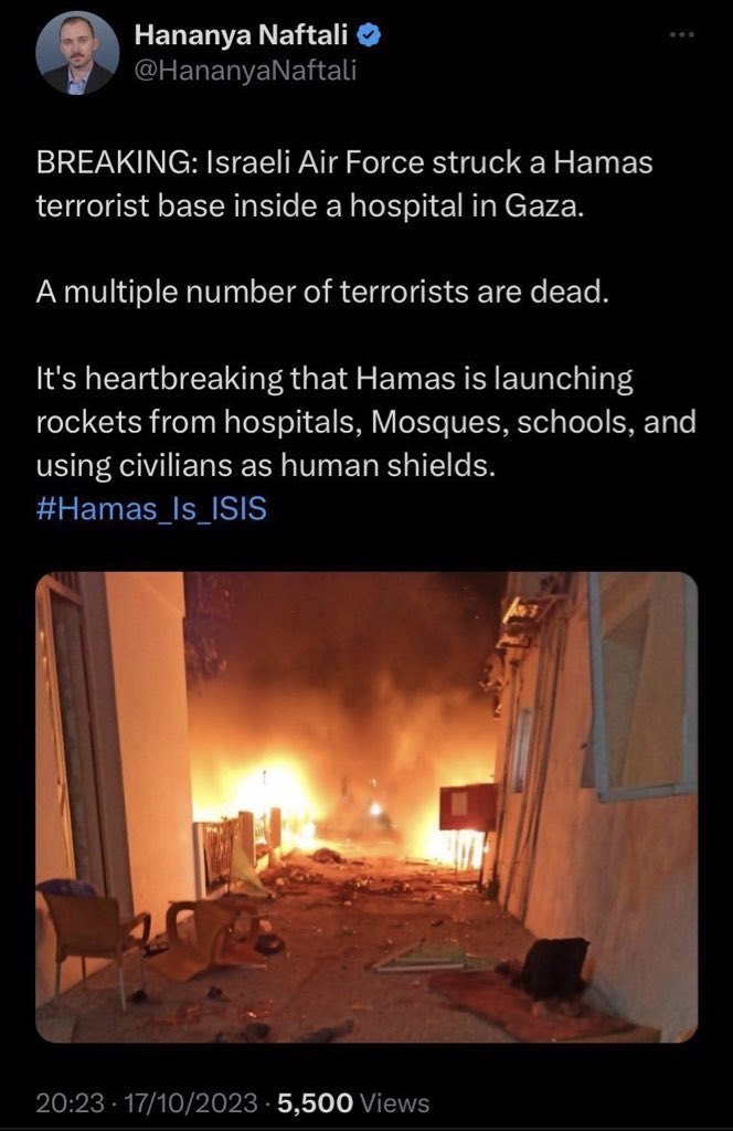 You tweeted a while ago that it was Israeli Air Force that struck the hospital. Then you deleted it and now you are singing a different tune. 

Not everyone in the world is an American whom you can easily fool with cheap propaganda.