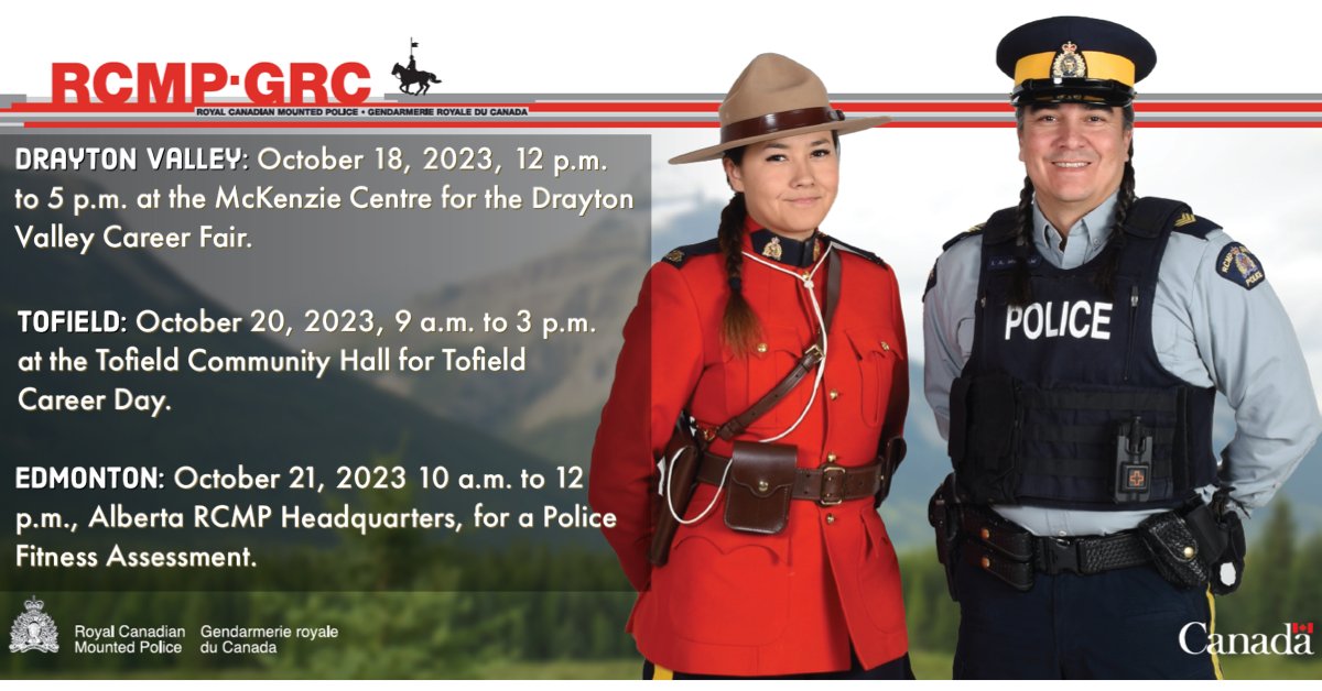 RCMPAlberta's tweet photo. Join us at one of these upcoming recruiting events across Alberta!
#DraytonValley #Tofield #Edmonton #ApplyTodayTuesday https://t.co/nzZvsmtDjm