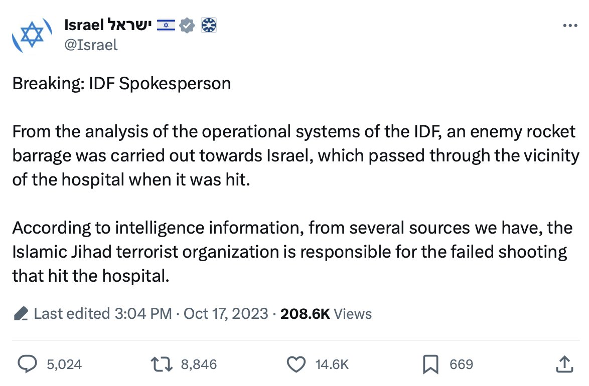Israel posted and then quickly deleted a video it claimed showed that Islamic Jihad was responsible for Baptist hospital massacre in Gaza. Their usual lies will not cover up this atrocity. Left is original @israel tweet, right is edited version.