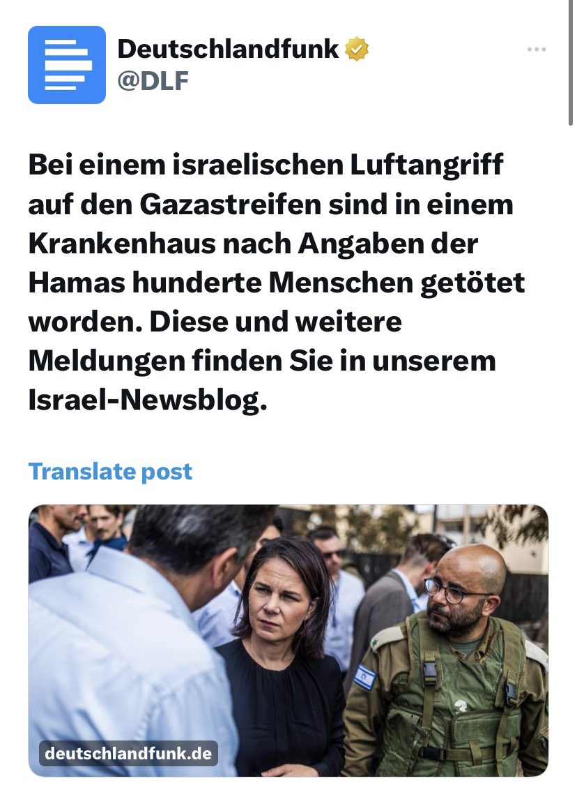 Liebe Kollegen des <a href="/DLF/">Deutschlandfunk</a>
Wie kann es sein,dass ihr einfach mal GENAU DAS veröffentlicht,was die brutale Terrormörderbande #HAMAS verbreitet?Dabei steht jetzt schon fest,dass fehlgezündete Raketen des Islamischen Dschihad das Krankenhaus getroffen haben. 
Das ist Verantwortungslos!