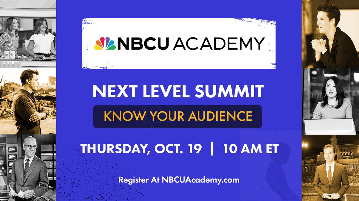 Here's the full schedule for @NBCUAcademy 'Next Level Summit: Know Your Audience' — Thu. Oct. 19 at 10am ET. Save your spot: bit.ly/3EZJwlB! THREAD: