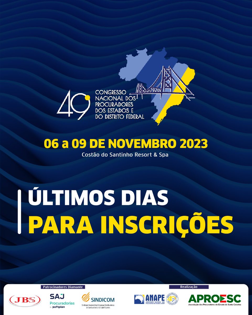 AproescOficial's tweet photo. Termina nesta sexta-feira, dia 20 de outubro, o prazo para inscrições no 49º Congresso Nacional dos Procuradores dos Estados e do DF. O maior evento de Advocacia Pública do país, promovido pela Aproesc em parceria com a Anape, será realizado https://t.co/fXVJwCTrbn