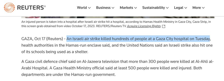 Mimoo292's tweet photo. In order not to falsify reality, Reuters and Los Angeles Tim, Reuters,the Wall Street Journal and Israel’s own Digital Spokesperson HananyaNaftali all ADMITTED that Israel bombed the hospital. 
Israel is fascist and is committing massacres and genocide against the Palestinians https://t.co/53pQYACu0T