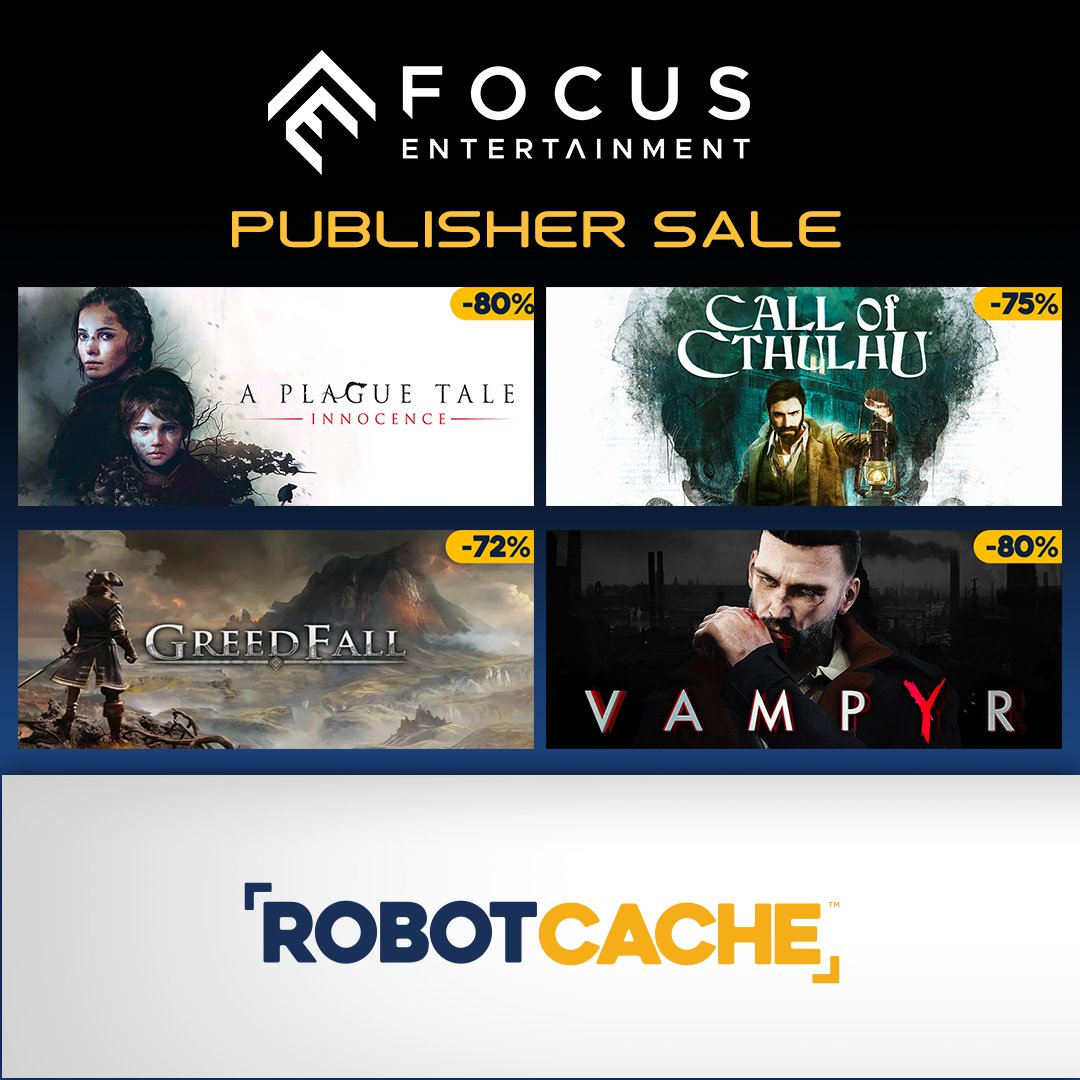 RobotCache's tweet image. Looking for some October scares? Call of Cthulhu, Vampyr, A Plague Tale: Innocence, and more are on sale for a limited time. @Focus_entmt
store.robotcache.com/#/category/foc…