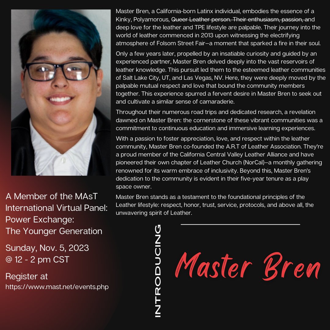 MAsT_Intl's tweet photo. Master Bren is joining us on 11/5 - 12-2 pm CST. (AFTER Daylight Savings Ends!) Register &amp; ask a ? at https://t.co/jXUiQiEmQw #bdsmcommunity #bdsm #kink #bdsmsubmissive #bondage #submissive #bdsmlife #bdsmlifestyle #fetish #bdsmrelationship #dom #bdsmsub #sub #kinky https://t.co/WkWBcuK4OH