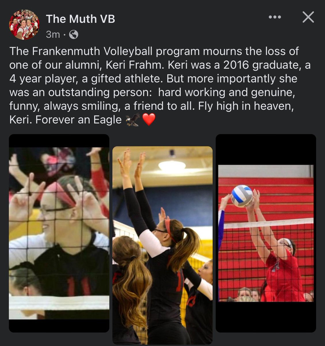 This is terrible news out of Frankenmuth.

Keri was such cornerstone of Frankenmuth athletics in the mid-2010s. She always had a smile on her face. I loved watching her play.

Thoughts and prayers to her family and friends.