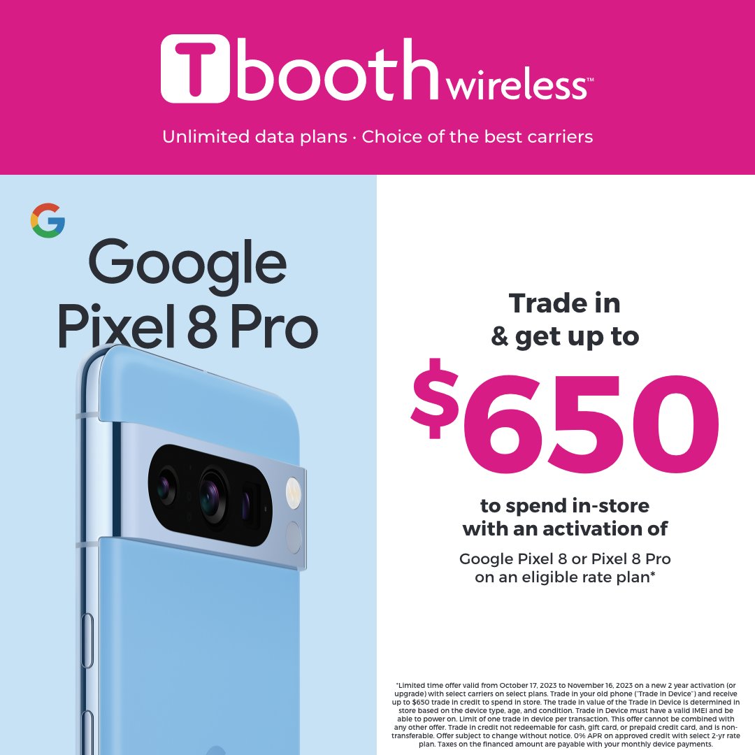 Tboothwireless's tweet photo. 📢 Pixel 8 Pro is now available at Tbooth wireless! Trade in and get up to $650 to spend in-store when you activate Google Pixel 8 or Pixel 8 Pro with an eligible plan. Don't wait, upgrade to the Pro experience today! *Conditions apply.
Learn more: https://t.co/F6QHWfCydA https://t.co/vbQme2TnUt