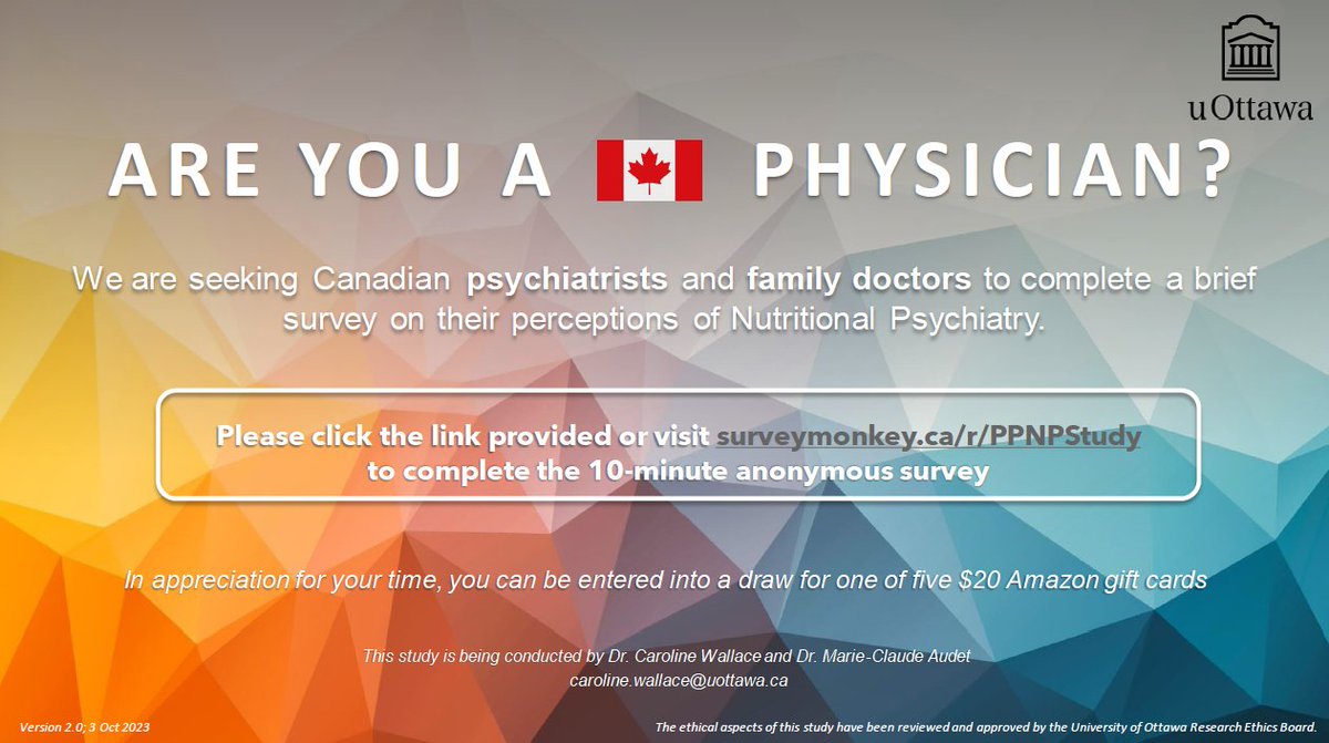 🩺 We are recruiting Canadian psychiatrists & family doctors to respond to a brief survey on their perceptions of the field of #NutritionalPsychiatry
🔗 Click here to complete the survey and please share widely! surveymonkey.ca/r/PPNPStudy
