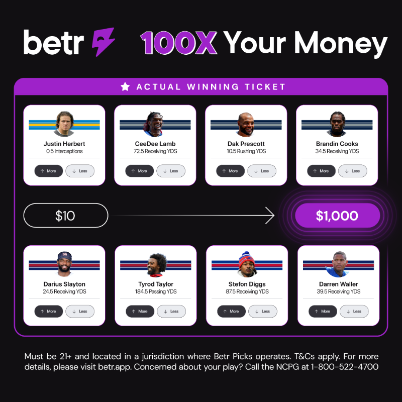 betr's tweet photo. Can you 100x your money? Check out this winning entry that turned $10 > $1,000!