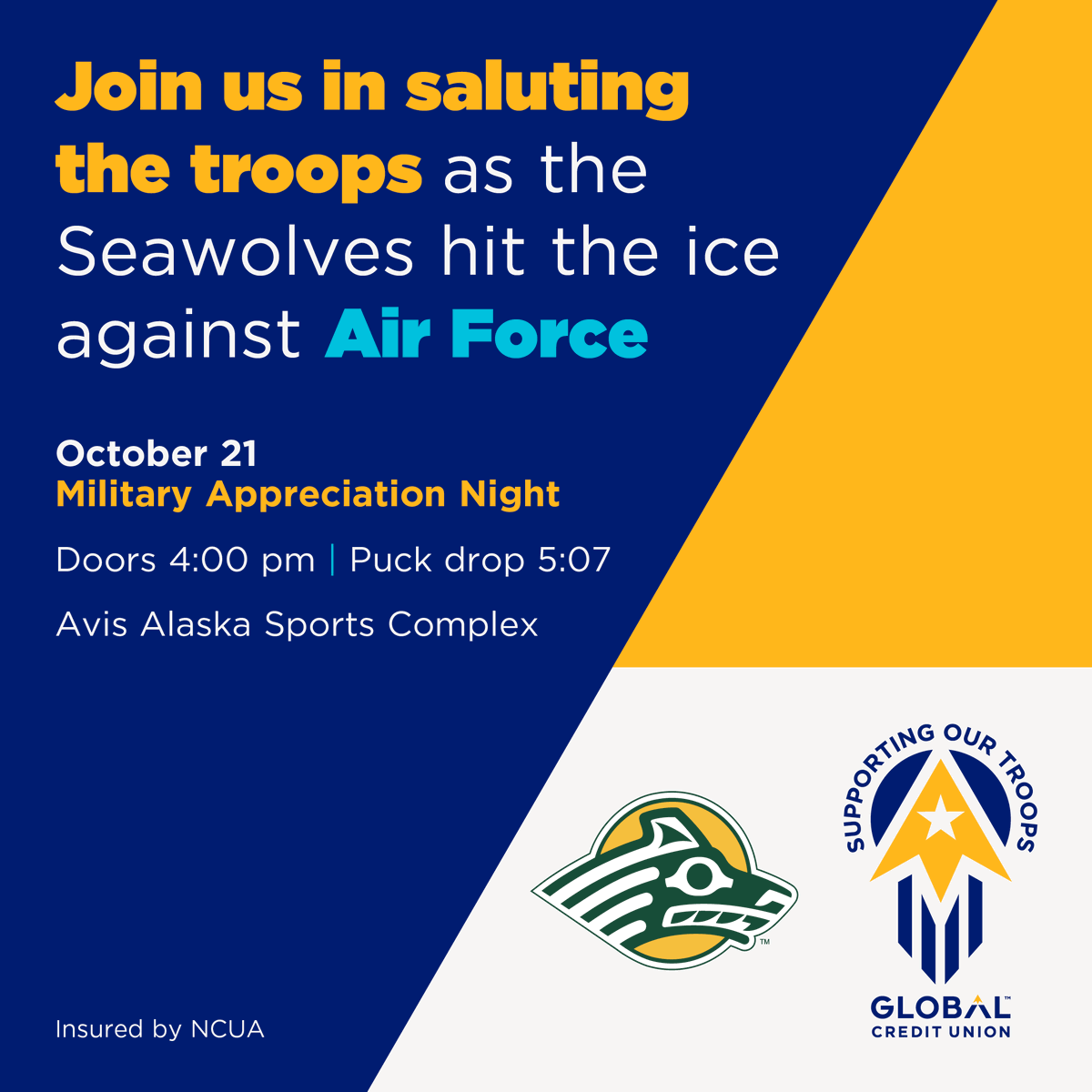 ⭐️ Proud to partner with <a href="/uaanchorage/">UAA</a> &amp; sponsor the hockey game Saturday, Oct. 21. Join us at the Avis Alaska Sports Complex for Military Appreciation night with <a href="/UAASeawolves/">UAA Seawolves</a> vs. Air Force! Doors open 4 pm. Game starts at 5:07 pm. See you there! 🤩 #UAASeawolves #SeawolfNation