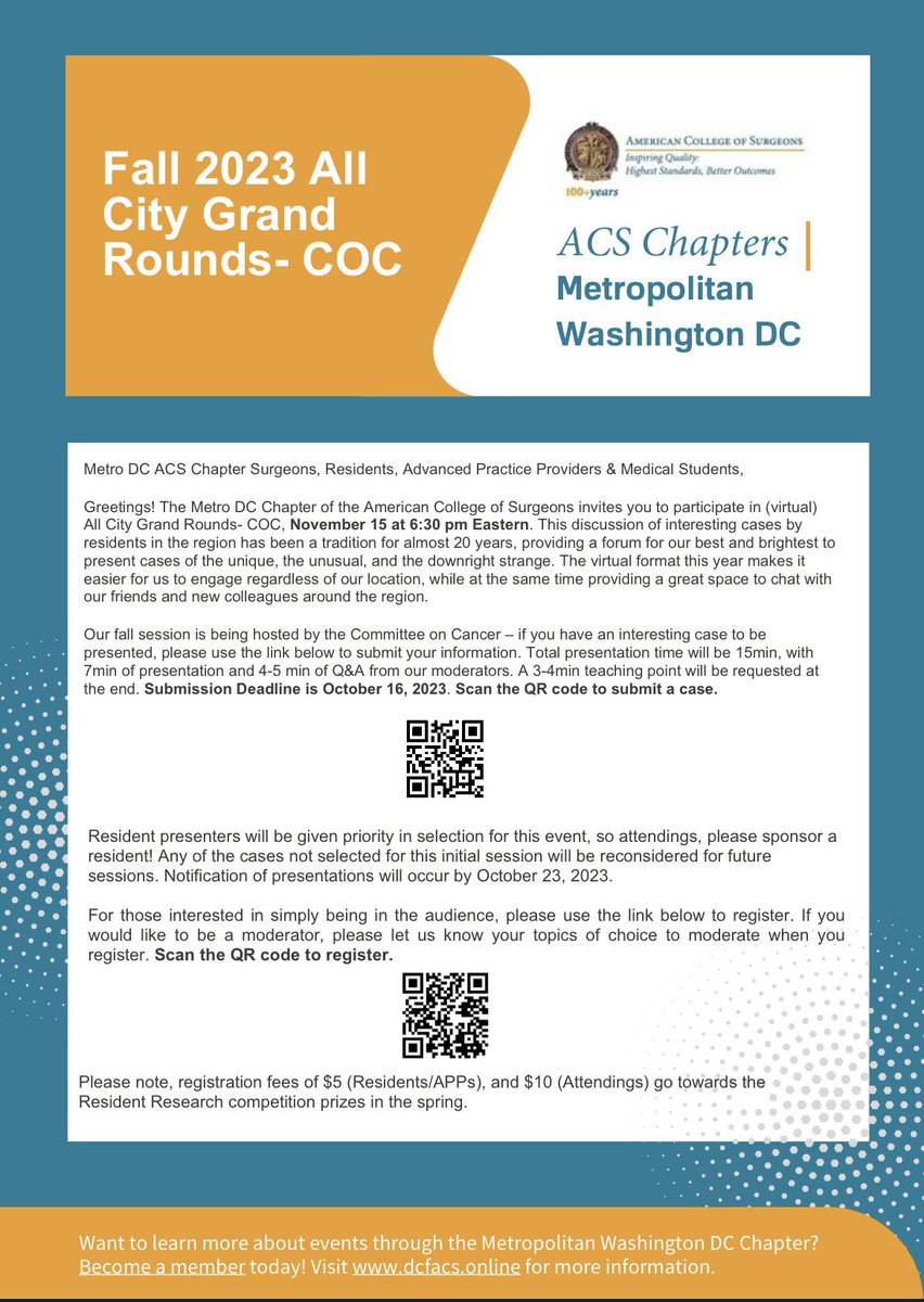 We had a record number of abstract submissions for our DC ACS COC Virtual Grand Rounds this year! Speakers will be announced Wed, Oct 25. In the meantime, register here!: facs.jotform.com/232533811626857 @USUWR_GenSurg @HowardUGenSurg @SurgeryInova @GUH_WHCSurgRes @GWSurgery