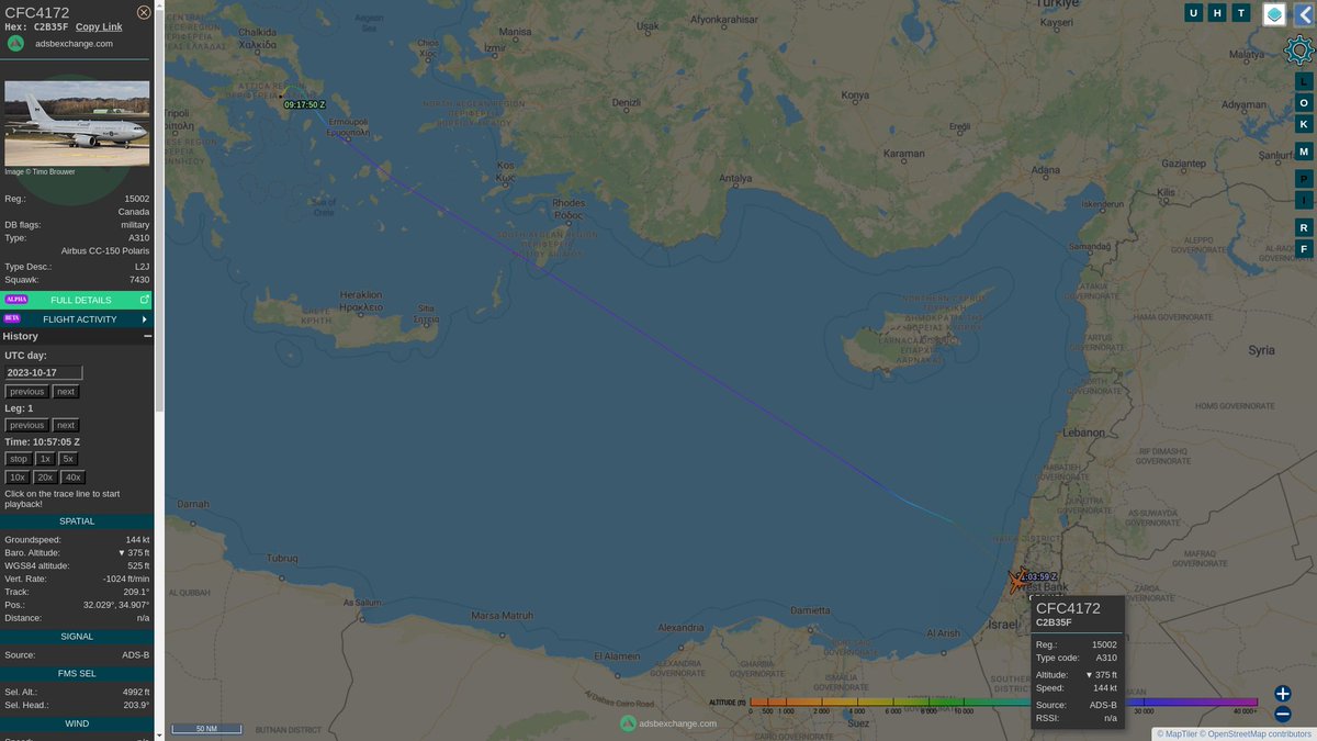 steffanwatkins's tweet photo. ๐จ๐ฆ #RCAF CC-150 Polaris 15002|#C2B35F call sign #CFC4172 departed Athens ๐ฌ๐ท ~09:15Z on October 17 and arrived at Ben Gurion International Airport in #Israel ๐ฎ๐ฑ ~10:57Z, to conduct Canada's twelfth #OpION evacuation flight.
https://t.co/GslHmlYnk7 https://t.co/tF7uWNT3Su